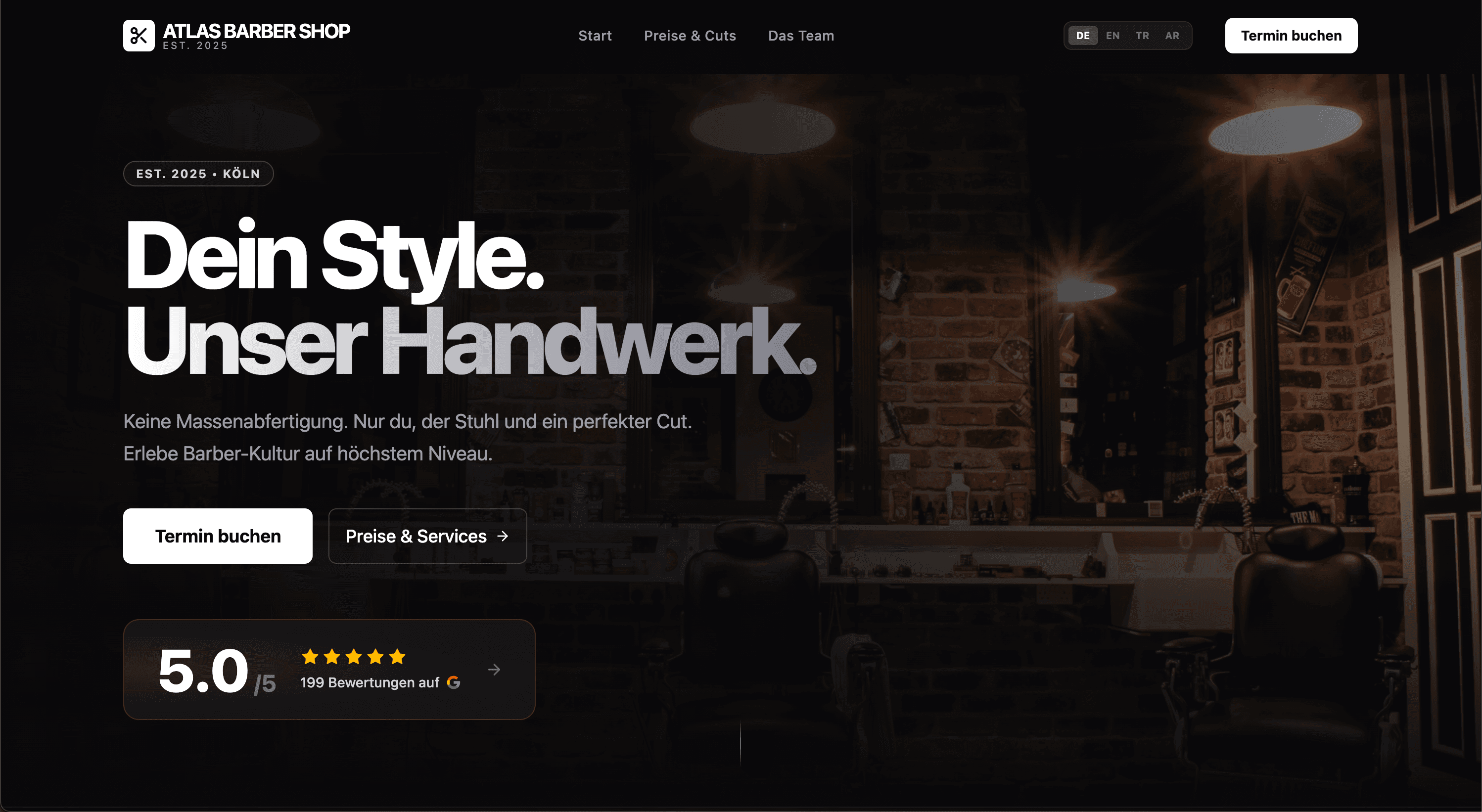 AtlasBarber public site Hero section showing the shop's Google rating.