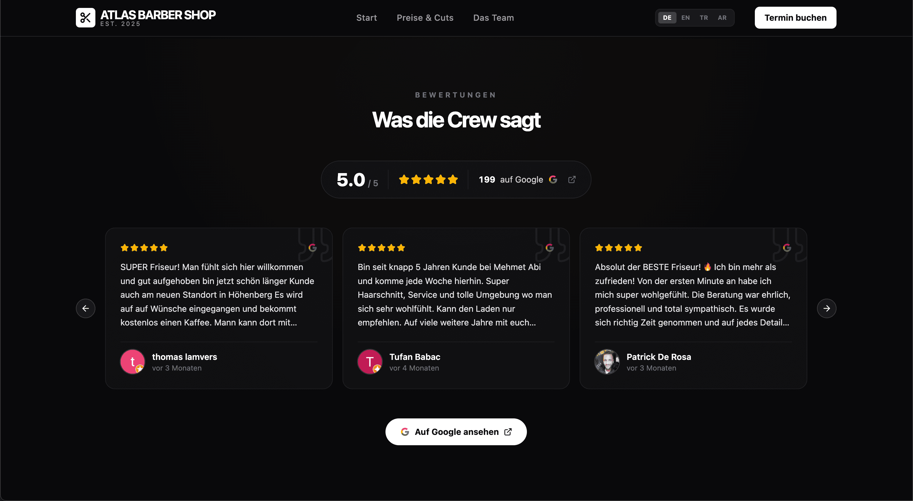 Atlasbarber public site reviews section showing a curated selection of Google reviews with star ratings and text.