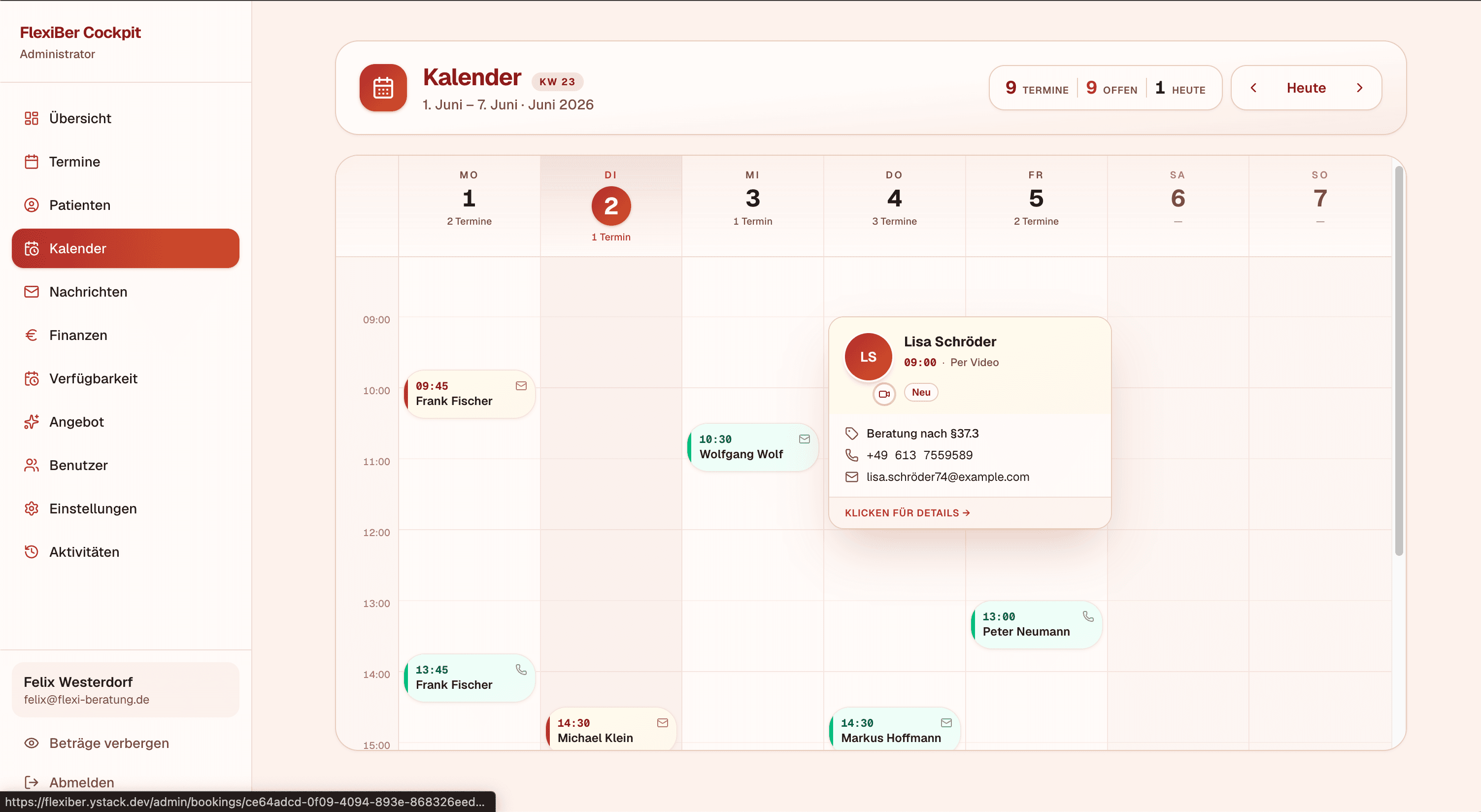 FlexiBer admin cockpit showing the week calendar and a live list of incoming bookings.