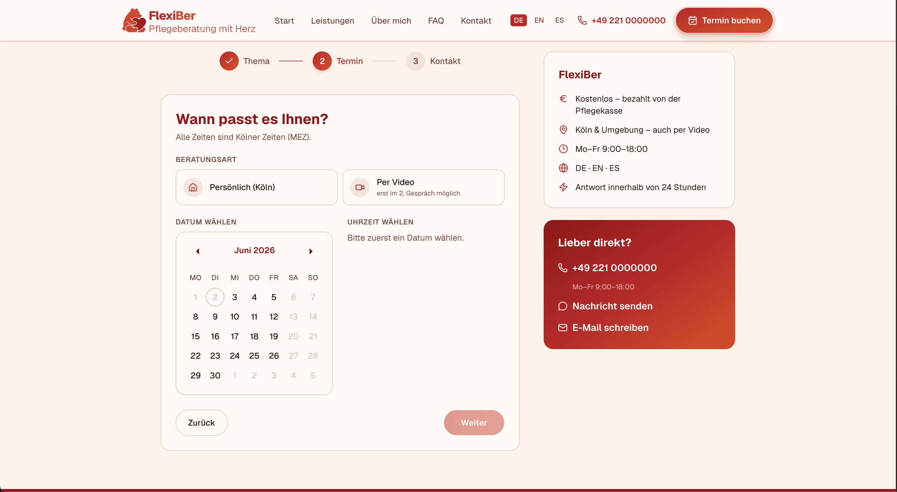 FlexiBer public booking flow showing available consultation slots for a selected day.